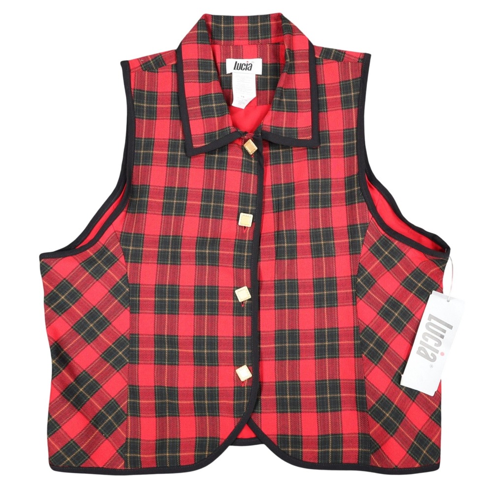 Lucia Plaid Vest Womens 14 Vintage 90s Red Tartan Gold Button Made in USA NWT